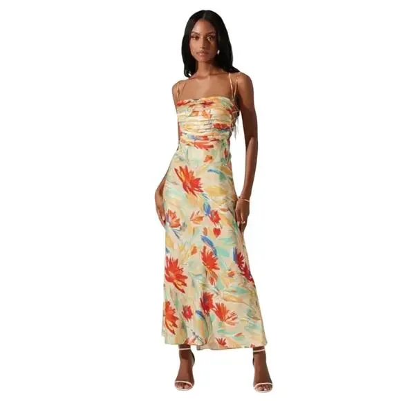 ASTR Antlia Floral Maxi Dress Orange Yellow Women's Square Neck Lace Up Summer - Picture 1 of 16